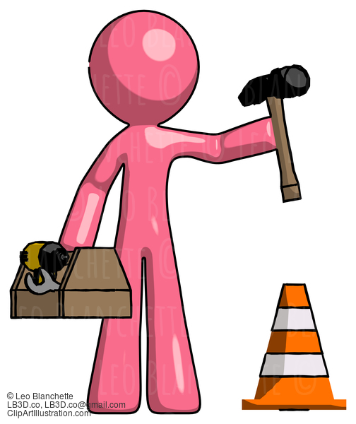 Pink Design Mascot Man Under Construction Concept, Traffic Cone And Tools #9549