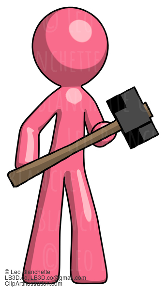 Pink Design Mascot Man With Sledgehammer Standing Ready To Work Or Defend #9552