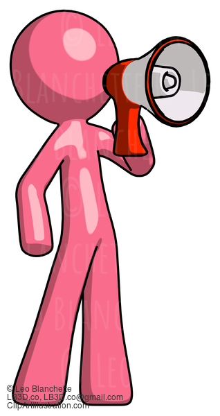 Pink Design Mascot Man Shouting Into Megaphone Bullhorn Facing Right #9557