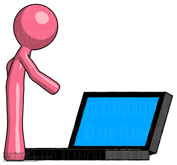 Pink Design Mascot Man Using Large Laptop Computer Side Orthographic View #9559