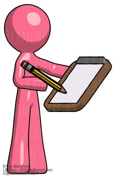 Pink Design Mascot Man Using Clipboard And Pencil #9562