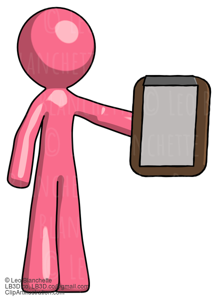 Pink Design Mascot Man Showing Clipboard To Viewer #9563