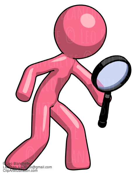 Pink Design Mascot Man Inspecting With Large Magnifying Glass Right #9567