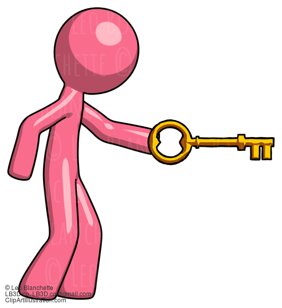 Pink Design Mascot Man With Big Key Of Gold Opening Something #9569