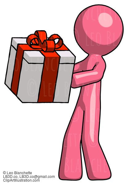 Pink Design Mascot Man Presenting A Present With Large Red Bow On It #9570