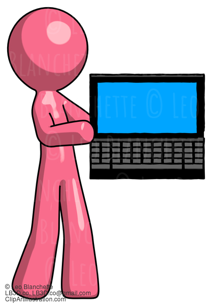 Pink Design Mascot Man Holding Laptop Computer Presenting Something On Screen #9571