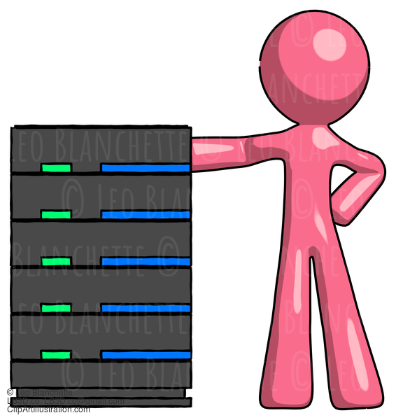 Pink Design Mascot Man With Server Rack Leaning Confidently Against It #9573