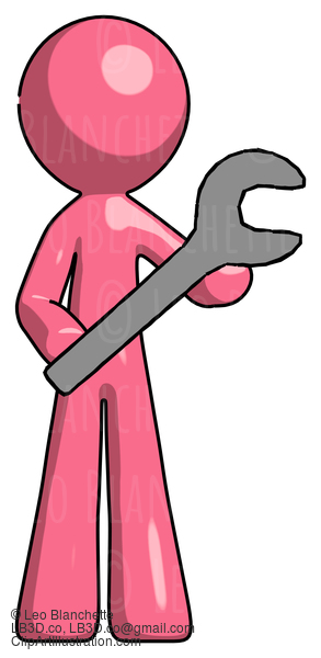 Pink Design Mascot Man Holding Large Wrench With Both Hands #9575