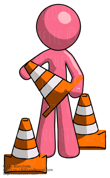 Pink Design Mascot Man Holding A Traffic Cone #9577