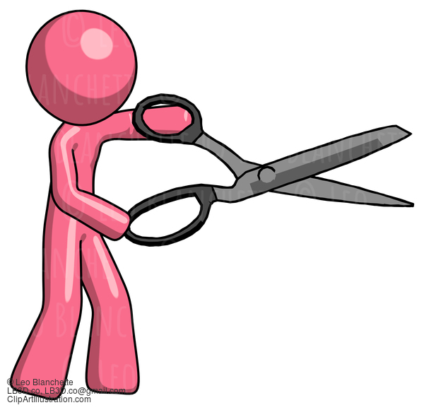 Pink Design Mascot Man Holding Giant Scissors Cutting Out Something #9580