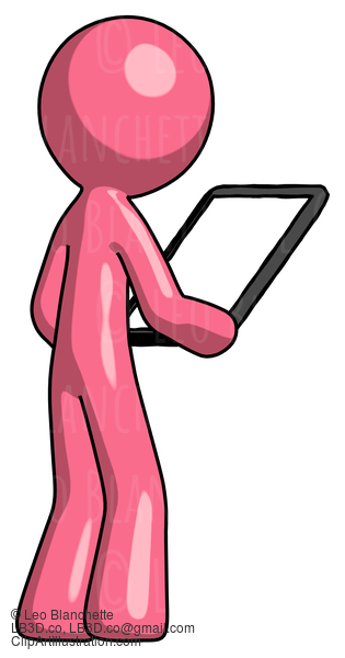 Pink Design Mascot Man Looking At Tablet Device Computer Facing Away #9581