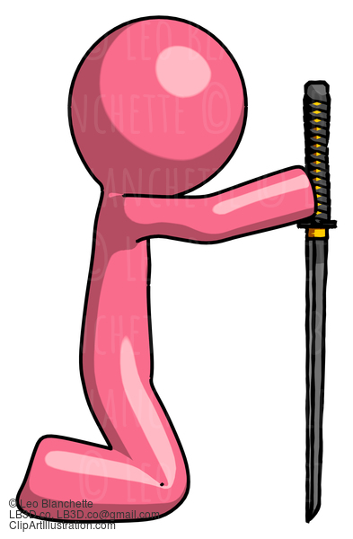 Pink Design Mascot Man Kneeling With Ninja Sword Katana Showing Respect #9589