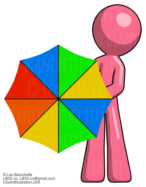 Pink Design Mascot Man Holding Rainbow Umbrella Out To Viewer #9592