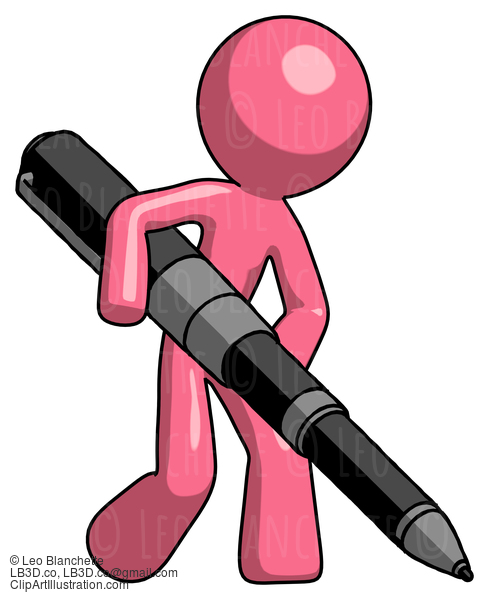 Pink Design Mascot Man Writing With A Really Big Pen #9594