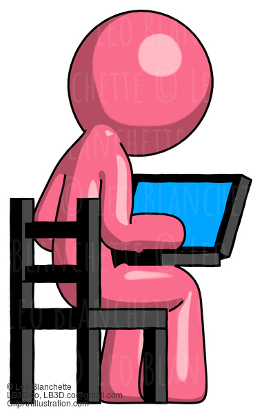 Pink Design Mascot Man Using Laptop Computer While Sitting In Chair View From Back #9595