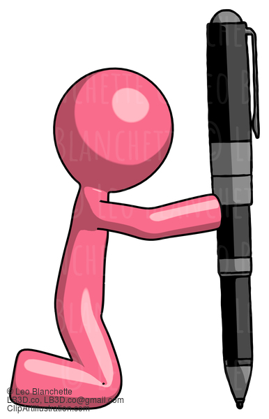 Pink Design Mascot Man Posing With Giant Pen In Powerful Yet Awkward Manner. #9600