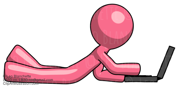 Pink Design Mascot Man Using Laptop Computer While Lying On Floor Side View #9601