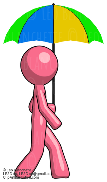 Pink Design Mascot Man Walking With Colored Umbrella #9602