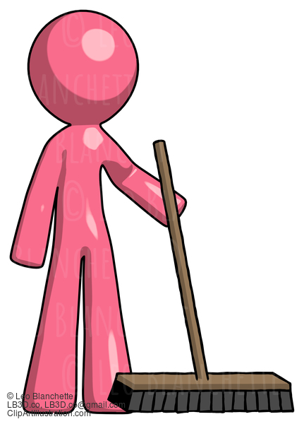 Pink Design Mascot Man Standing With Industrial Broom #9607