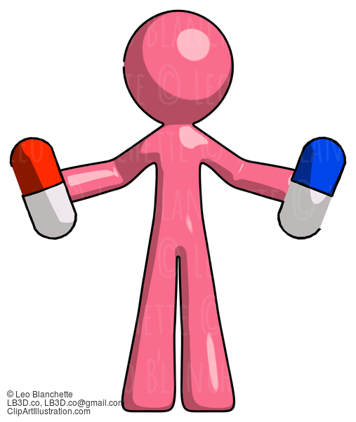 Pink Design Mascot Man Holding A Red Pill And Blue Pill #9610