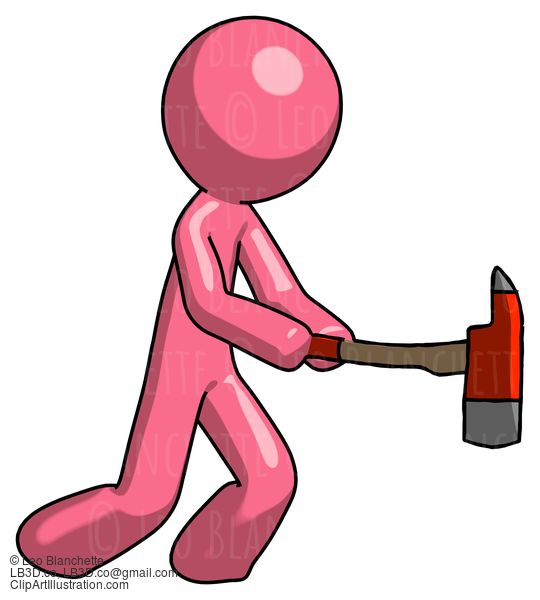 Pink Design Mascot Man With Ax Hitting, Striking, Or Chopping #9612