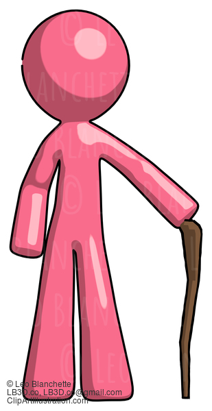 Pink Design Mascot Man Standing With Hiking Stick #9619