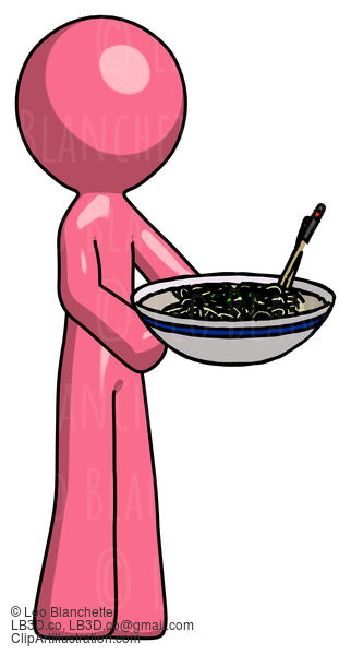 Pink Design Mascot Man Holding Noodles Offering To Viewer #9622