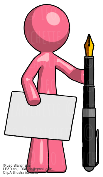 Pink Design Mascot Man Holding Large Envelope And Calligraphy Pen #9625