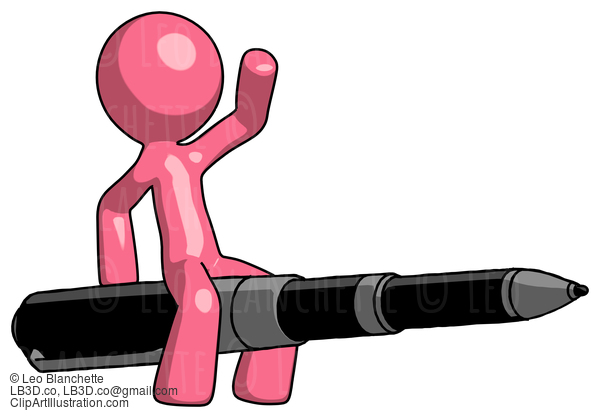 Pink Design Mascot Man Riding A Pen Like A Giant Rocket #9626