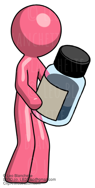 Pink Design Mascot Man Holding Glass Medicine Bottle #9635