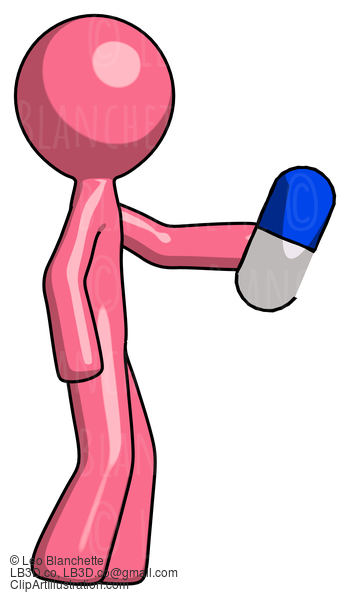 Pink Design Mascot Man Holding Blue Pill Walking To Right #9636