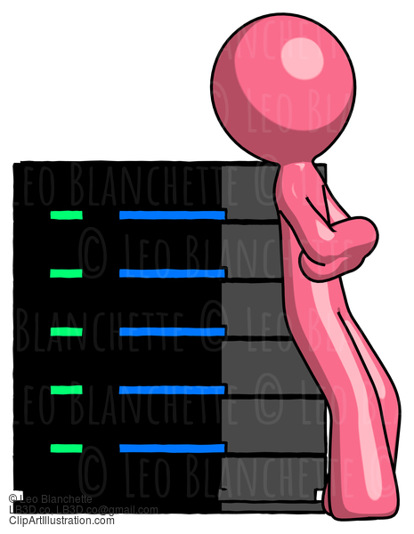 Pink Design Mascot Man Resting Against Server Rack Viewed At Angle #9640