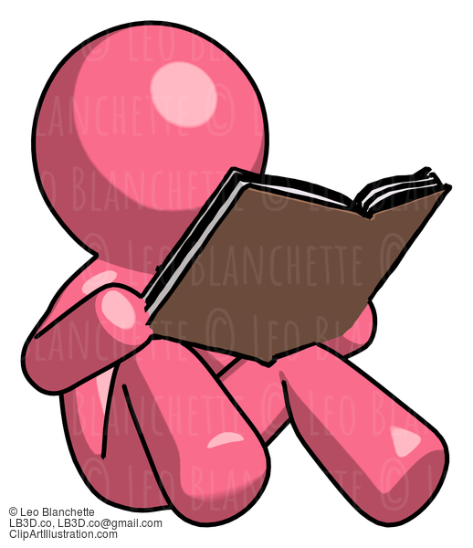 Pink Design Mascot Man Reading Book While Sitting Down #9642