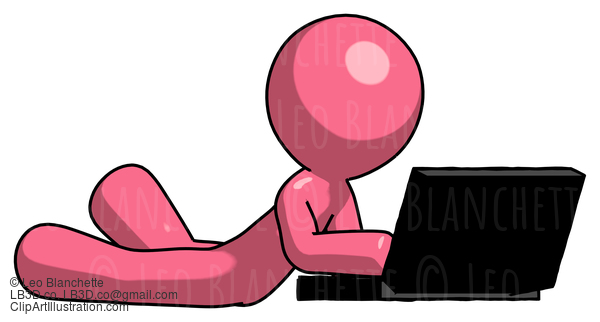 Pink Design Mascot Man Using Laptop Computer While Lying On Floor Side Angled View #9648