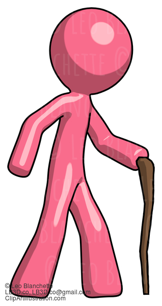 Pink Design Mascot Man Walking With Hiking Stick #9652