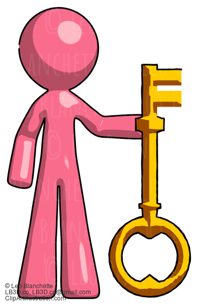 Pink Design Mascot Man Holding Key Made Of Gold #9658