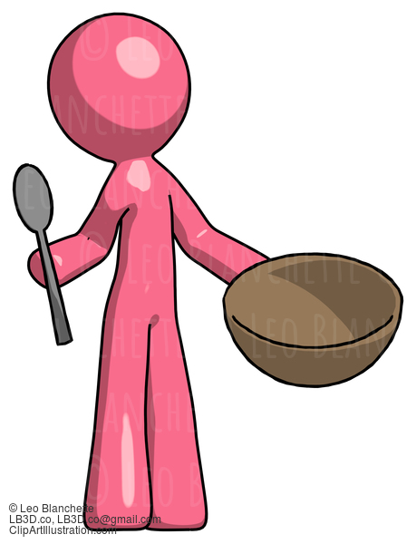 Pink Design Mascot Man With Empty Bowl And Spoon Ready To Make Something #9659