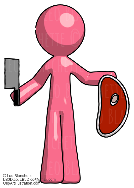 Pink Design Mascot Man Holding Large Steak With Butcher Knife #9660