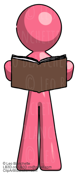 Pink Design Mascot Man Reading Book While Standing Up Facing Viewer #9661