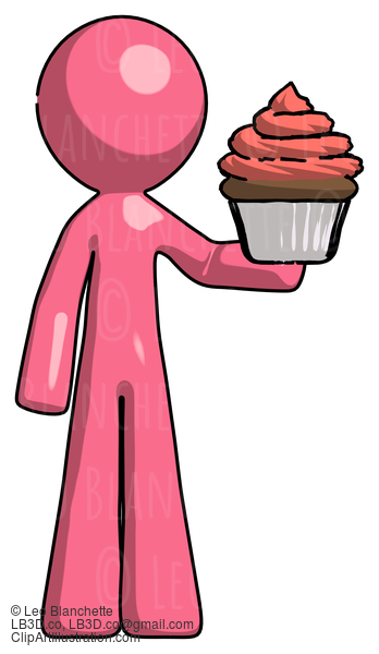 Pink Design Mascot Man Presenting Pink Cupcake To Viewer #9663