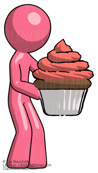 Pink Design Mascot Man Holding Large Cupcake Ready To Eat Or Serve #9666