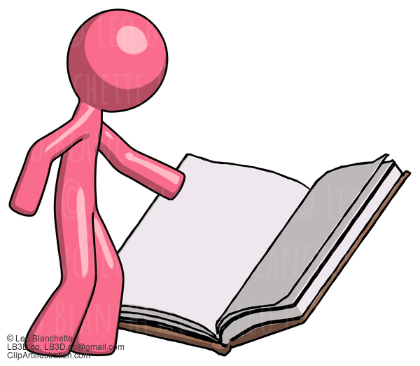 Pink Design Mascot Man Reading Big Book While Standing Beside It #9671