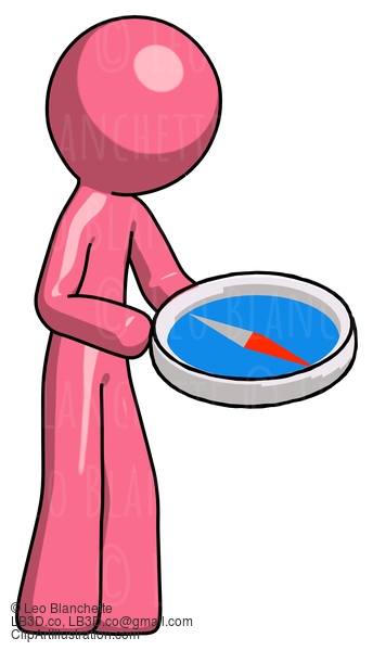 Pink Design Mascot Man Looking At Large Compass Facing Right #9679