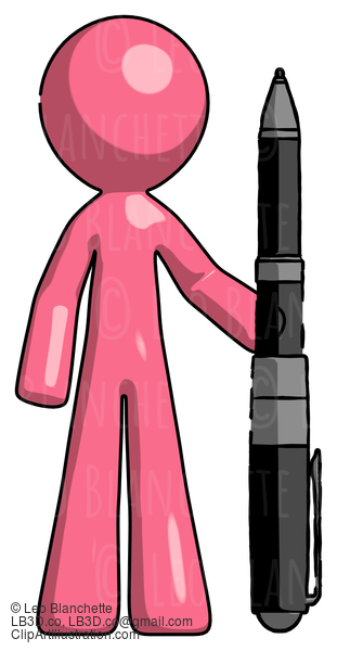 Pink Design Mascot Man Holding Large Pen #9681