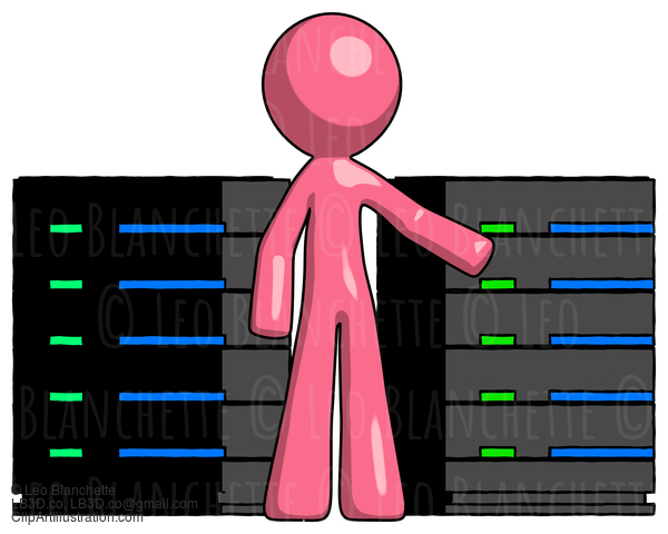 Pink Design Mascot Man With Server Racks, In Front Of Two Networked Systems #9683