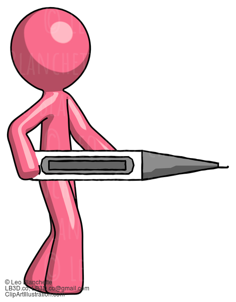 Pink Design Mascot Man Walking With Large Thermometer #9685