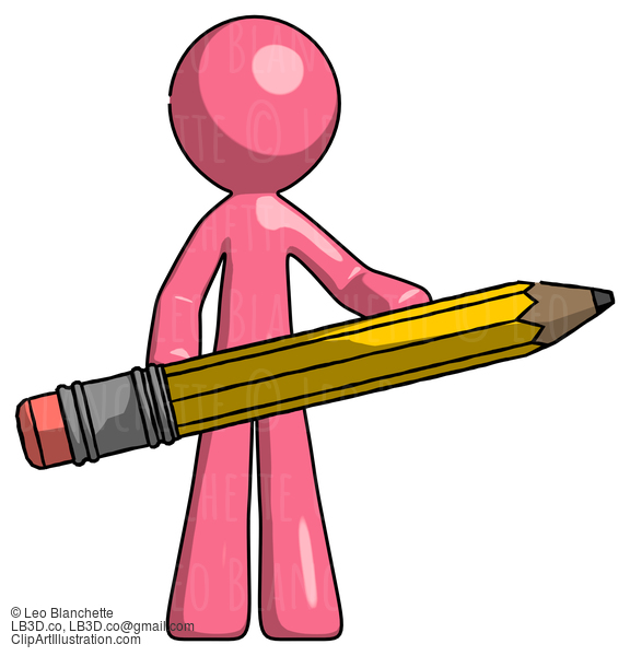 Pink Design Mascot Man Writer Or Blogger Holding Large Pencil #9689