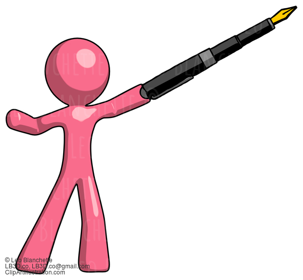 Pink Design Mascot Man Pen Is Mightier Than The Sword Calligraphy Pose #9693