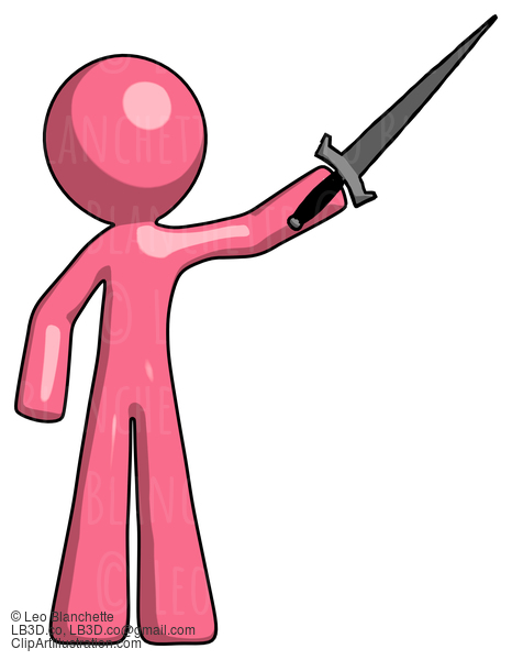 Pink Design Mascot Man Holding Sword In The Air Victoriously #9696