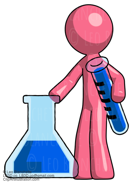 Pink Design Mascot Man Holding Test Tube Beside Beaker Or Flask #9697